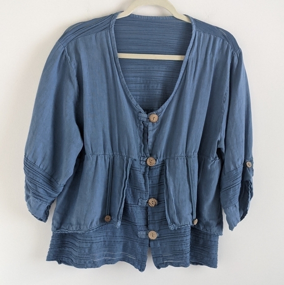 VINTAGE Boho Cotton Cardigan in Blue with Wood Buttons Cottagecore M / L - Picture 1 of 10